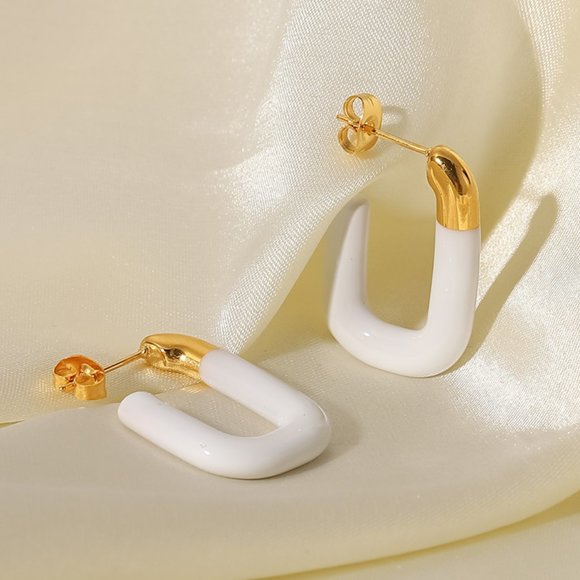Vintage Hand Dipped White U-shaped Open Earrings 18k Gold Plated Stainless Steel - Picture 7 of 8